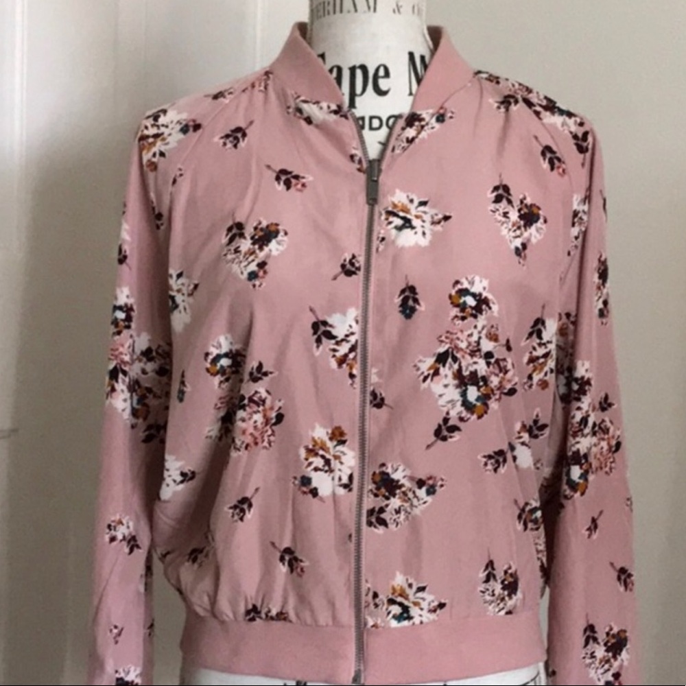 Xhilaration pink flowered bomber jacket, size M